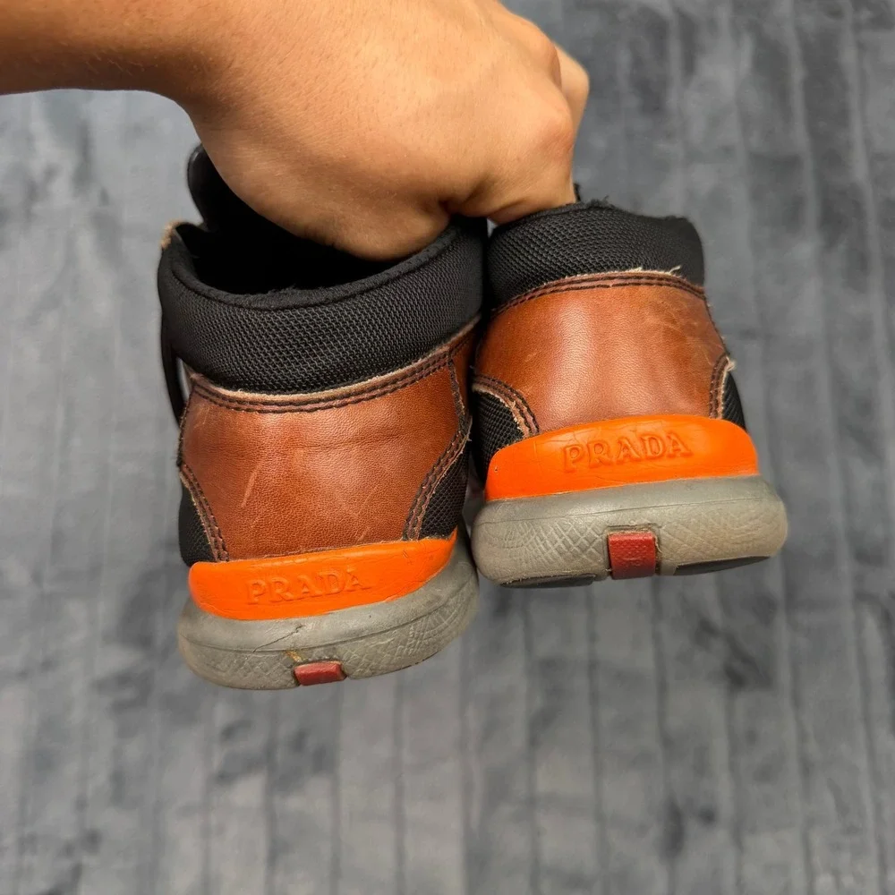 Prada 4E 2282 Hiking Sneaker Mens 8.5 Brown Orange Leather Mesh Mid Top